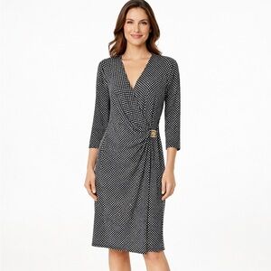Anne Klein Classic Wrap Dress Logo Buckle Sz 8/Medium Black Geometric Office